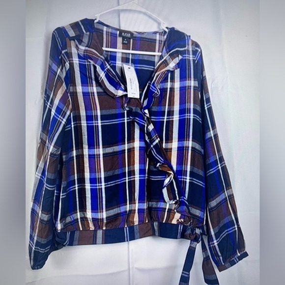 Ana A New Approach Womens Blue Plaid Ruffle VNeck Long Sleeve Rayon Blouse M - Picture 1 of 9
